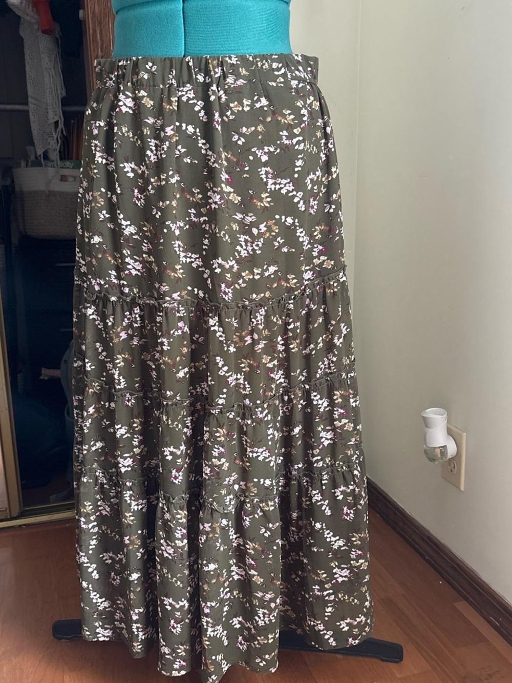 Amazon Essentials Olive Floral Tiered Maxi Skirt with Pink & White Accents